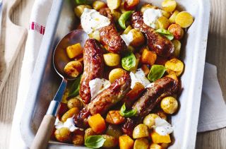 One-pot sausage and squash roast, low calorie meals