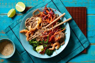 Soba noodles with spicy miso prawns , low calorie meals